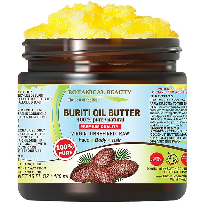 Botanical Beauty BURITI FRUIT OIL BUTTER Pure Natural Virgin Unrefined RAW for FACE, SKIN, BODY, DAMAGED HAIR, NAILS. Natural sources of vitamin C and vitamin E (16 Fl Oz)