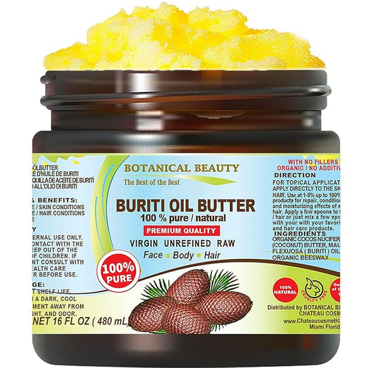 Botanical Beauty BURITI FRUIT OIL BUTTER Pure Natural Virgin Unrefined RAW for FACE, SKIN, BODY, DAMAGED HAIR, NAILS. Natural sources of vitamin C and vitamin E (16 Fl Oz)