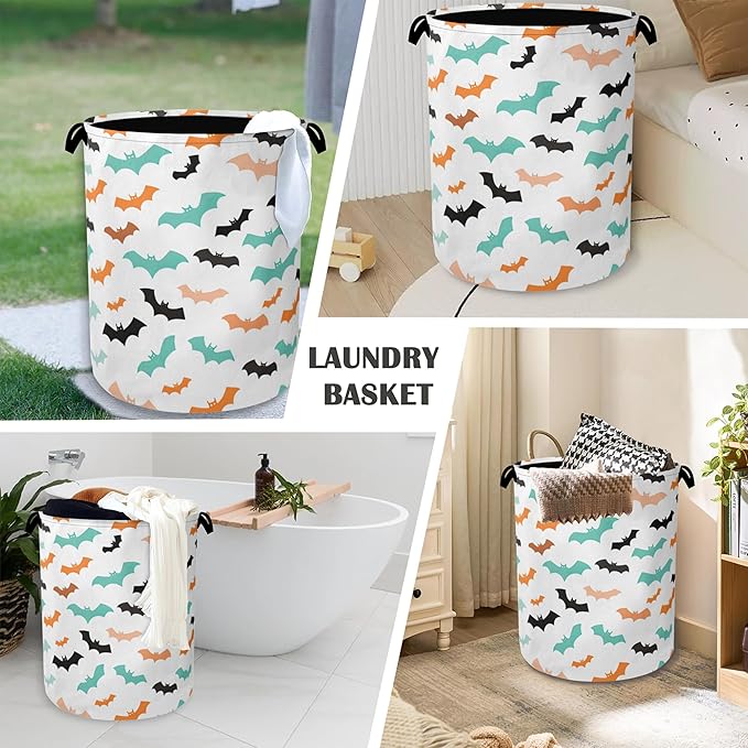 Colorful Bats Laundry Basket,Halloween Foldable with Handles Tote Bag Oxford Cloth for Bathroom Bedroom Dirty Clothes Storage Bucket 16" x 20.8"