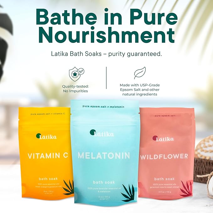 Latika Soaks Set of 3 - Wildflower, Melatonin, Vitamin C - Moisturizing Bath Soak with Epsom Salt & Essential Oils for Stress Relief, Muscle Recovery, & Relaxation - at-Home Spa