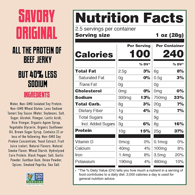 AGRO POWER Vegan Jerky - Savory Original Flavor – Delicious, Non-GMO Certified Vegetarian Jerky with 25 Grams of Plant-Based Protein and 40% Less Sodium. High Protein Vegan Snacks - 2 Pack Set