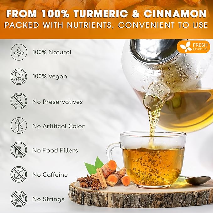 FreshDrinkUS, Premium 75 Turmeric Cinnamon Tea Bags, 100% Natural, Blend of Turmeric, and Cinnamon. Made with Natural Material Tea Bags. No Sugar. No Caffeine. Vegan.