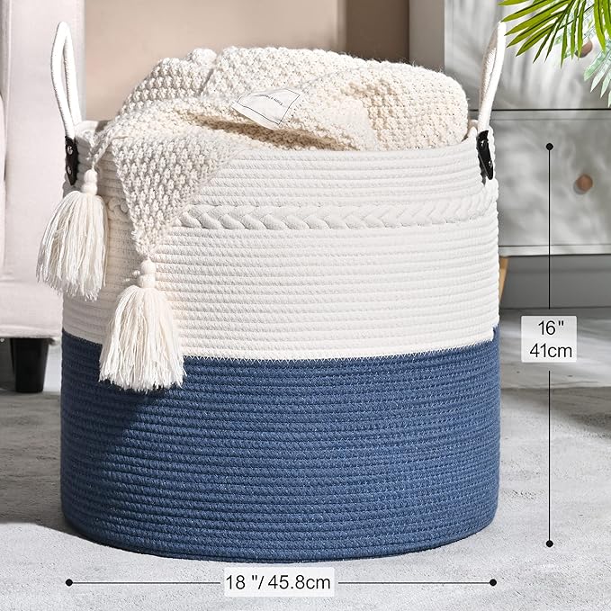 KAKAMAY Large Blanket Basket (18"x18"x16"),Woven Baby Laundry Hamper for Storage, Cotton Rope Blankets Baskets for Nursery, Laundry, Living Room, Pillows, Baby Toy chest with Handles (Navyblue)