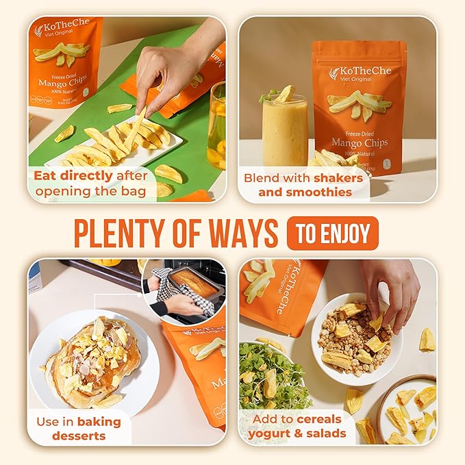 KOTHECHE Freeze Dried Mango, 0.63 oz/Bag (Pack of 4). No Sugar Added, Healthy Snack - Low Calorie Fruit Chips -Gluten Free, Vegan Snack - Dehydrated Crispy Mango in Resealable Bag, Low Carb Superfood for Kids and Adults