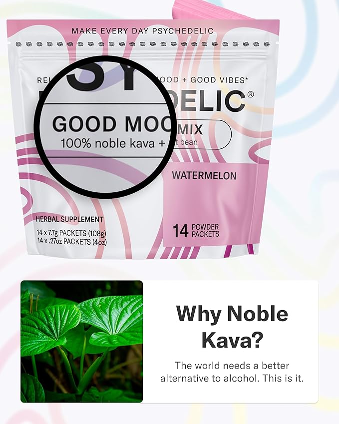 Good Mood Mix - Watermelon - Powder Packets - Calming Kava Drink Mix - Easy Open Single-Serving - Flavored Kava Powder - Mucuna Pruriens - Stevia - Non Alcoholic Adaptogen Mocktails - 14 Stick