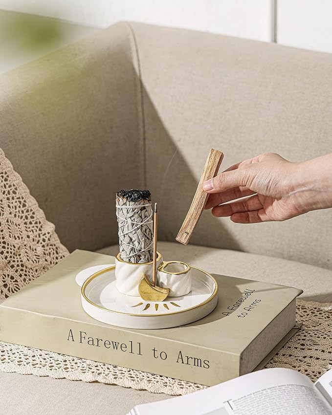 Ceramic Incense Holder Burner, Sage Holder for Burning, Palo Santo Sticks Holder, 5.51" Ash Catch Tray, Smudge Dish for Meditation Yoga, Modern Home Decor Gift