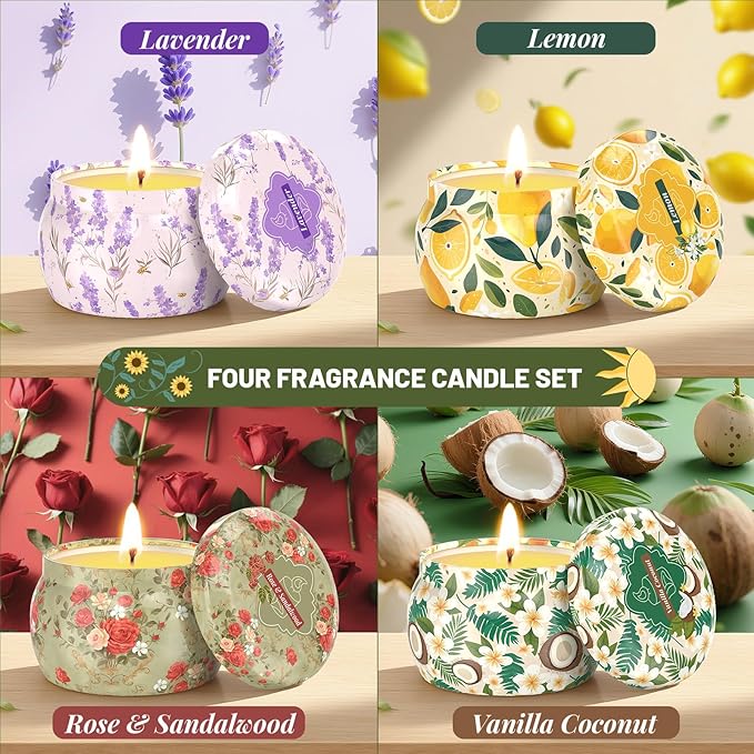 WarmEmbrace Scented Candles for Women, 4 Pack Soy Candle Set, 4.4OZ Candles for Home Scented, Candle Gift Set for Women, Lavender/Coconut and Christmas Holiday Candles, Total 120H Burning Time