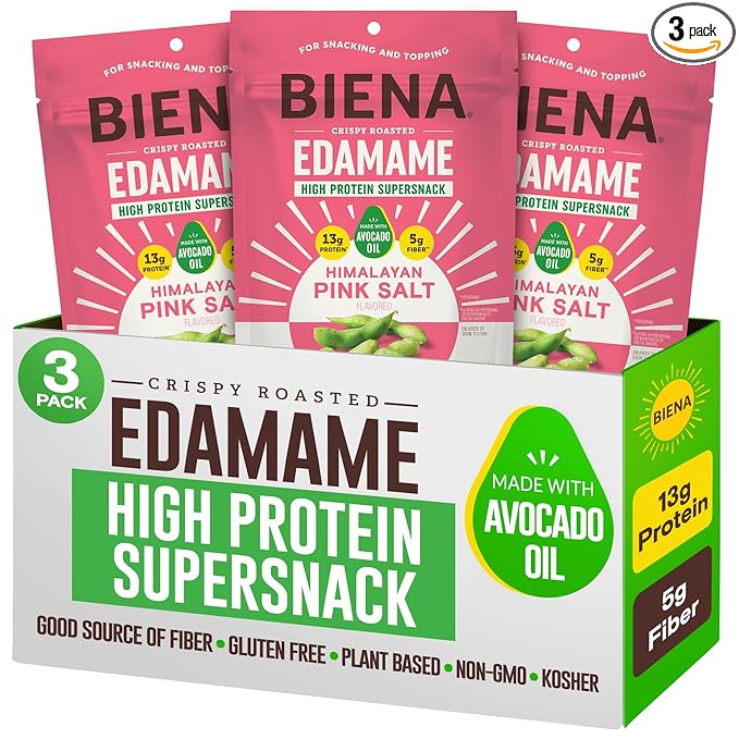 Biena Crispy Roasted Edamame Beans Snack – High Protein Snack for Adults & Kids, 12g-13g Protein per Serving - Made with Avocado Oil – Vegan, Low Carb, Gluten-Free – 3-Pack 4.75oz, Himalayan Pink Salt