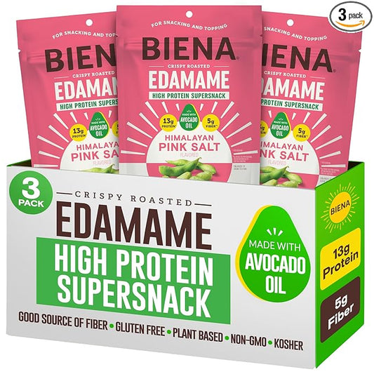 Biena Crispy Roasted Edamame Beans Snack – High Protein Snack for Adults & Kids, 12g-13g Protein per Serving - Made with Avocado Oil – Vegan, Low Carb, Gluten-Free – 3-Pack 4.75oz, Himalayan Pink Salt