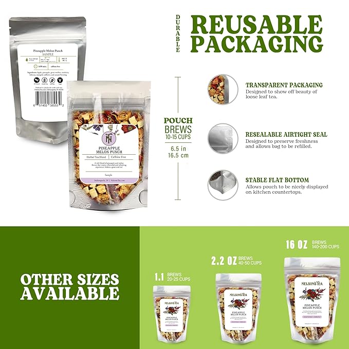 Nelson's Tea Pineapple Melon Punch - Caffeine Free, Cut & Sifted Rooibos Green Tea with Apple, Cranberry, Hibiscus, Marigod and Safflower Loose Leaf Tea (Sample 0.2 Oz)