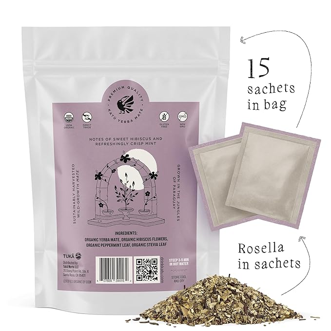 Katú Rosella Teabags, Premium Organic Yerba Mate Tea with Hibiscus, Peppermint, and Stevia Leaves, Vibrant Floral Twist, Natural Energy, 15 Satchets
