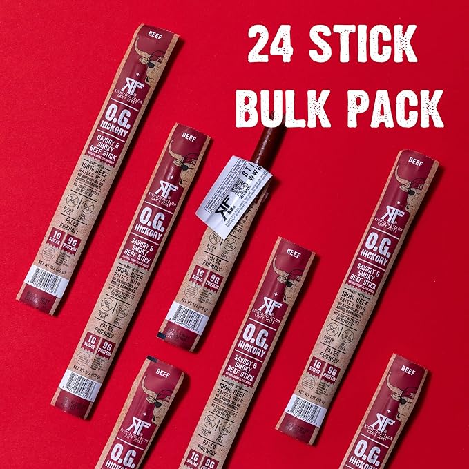 Righteous Felon Meat Sticks | 100% Beef Sticks | Gluten Free & Keto Meat Sticks | Low Sugar & High Protein Beef Sticks | Healthy Snack for Adults | Jerky Gifts for Men | OG Hickory, 24 Pack