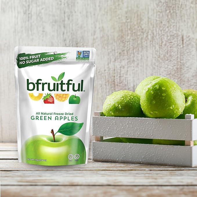 bfruitful Freeze-Dried Green Apple, Freeze Dried Fresh Fruit Bites, Gluten Free, Vegan, Dairy Free, Kosher, No Sugar Added, Non GMO, Healthy Snacks, 0.56 oz Single-Serve Snack Packets, 12 Pack