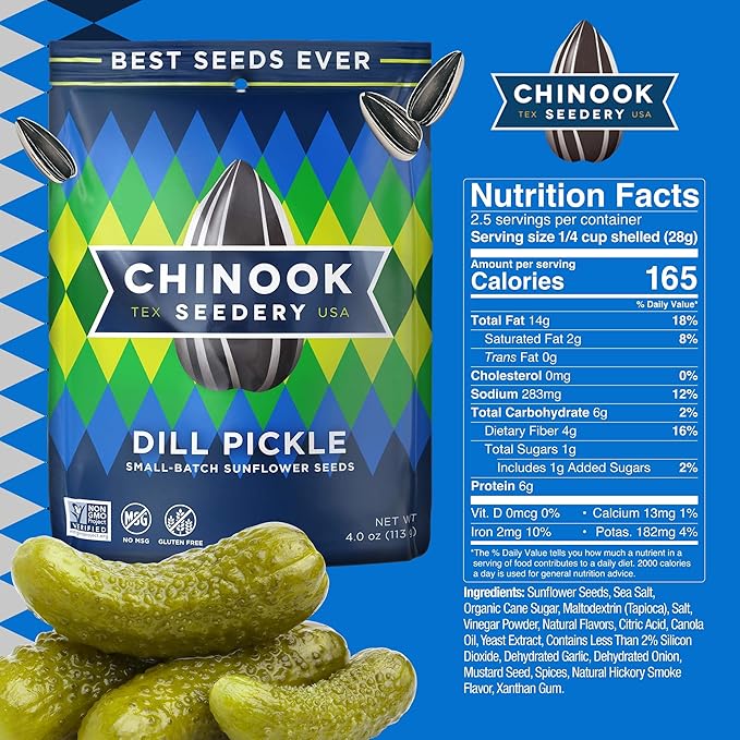 Chinook Seedery Roasted Sunflower Seeds - Jumbo Seeds Keto Snacks - Best For Snack Packs - Gluten Free, Non GMO Snack Food Gifts - 4 Ounce (Pack of 3) - Dill Pickle Flavor Pack