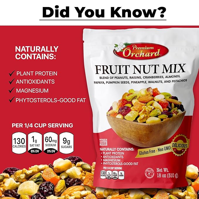 FRUIT NUT MIX TRAIL MIX by PREMIUM ORCHARD - Gourmet Trail Mix Bulk Blend of Mixed Nuts & Dried Fruit - Healthy Vegan Snacks, Snack Nut Mix, Plant Protein Source, Non-GMO, Natural - 18oz (3 Pack)