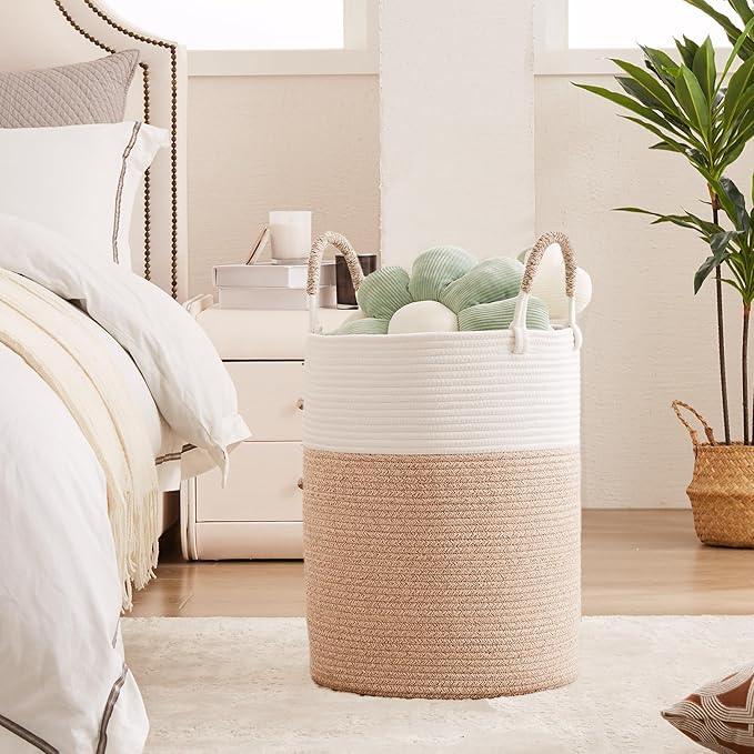 Hamper Laundry Basket Tall Woven Clothes Hamper for Baby Girls Nursery Kids Cotton Rope Blanket Basket in Living Room Bathroom Bedroom Brown 60L Large Capacity