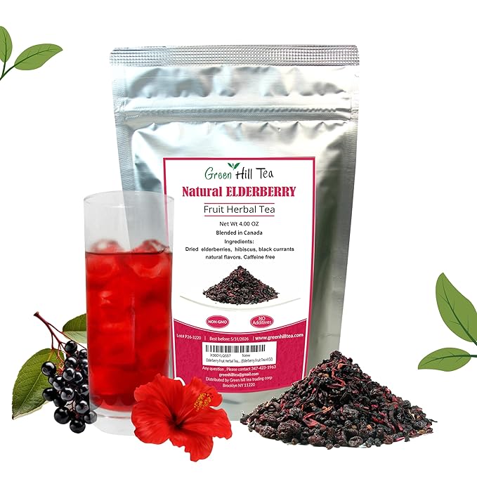 Green Hill Tea Elderberry Herbal Tea - Immune System Boosting Fruit Herbal Tea Blend - Caffeine-Free Relaxing Drink, Hot tea or Iced Tea - resealable foil bag 4 OZ