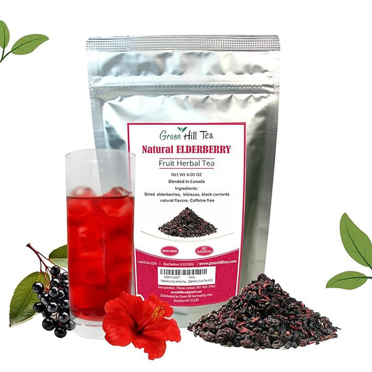 Green Hill Tea Elderberry Herbal Tea - Immune System Boosting Fruit Herbal Tea Blend - Caffeine-Free Relaxing Drink, Hot tea or Iced Tea - resealable foil bag 4 OZ