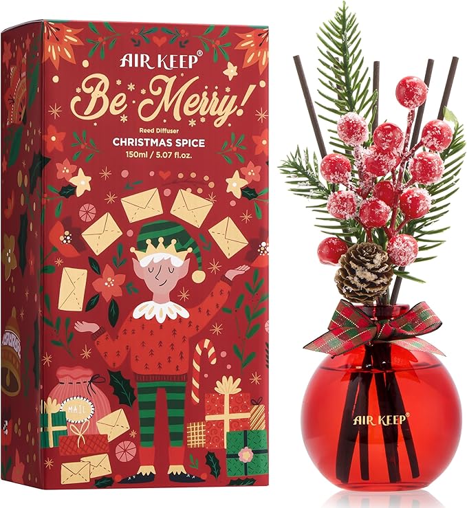 Airkeep Flower Reed Diffusers Set, 5.07 oz Christmas Spice Scented Diffuser with 8 Sticks, Long Lasting Home Fragrance for Long Days, Perfect for Bathroom, Shelf Decor, Air Fresheners