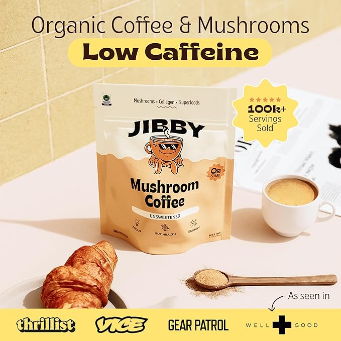 Jibby Mushroom Coffee - Organic Instant Coffee Powder with Collagen, MCT Oil, Superfood Mushrooms - Detox Mushroom Coffee Powder for Energy, Focus, Digestion, and Gut Health - 10 Servings