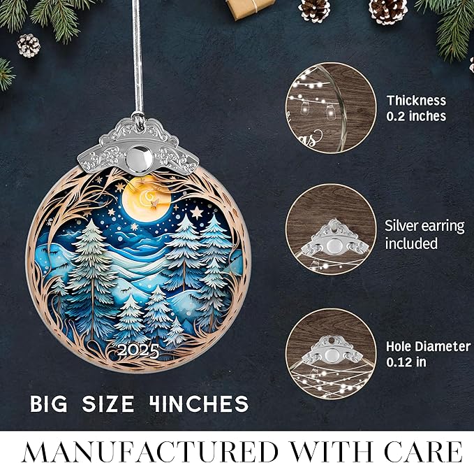 Christmas Ornaments, Winter Night Landscape 2025 Christmas Ornament, Large Acrylic Ornaments for Christmas Tree, White Elephant Gifts, Christmas Decor (Blue Forest)