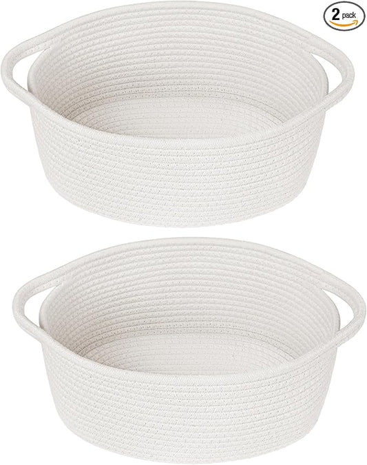 2 Pack Small Woven Storage Basket with Handles 12"x8"x5", Decorative Rope Bin for Home Organization, Shelf Storage,Cotton Rope Room Shelf Storage Basket with Handles
