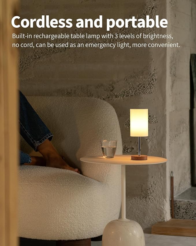 KDG Simple Cordless Table lamp, Portable Bedside 5000mAh LED Desk Lamp, 3 Brightness Levels Emergency Light, Linen Lampshade for Living Room, Bedroom, Dining Room, Night Light (Silver)