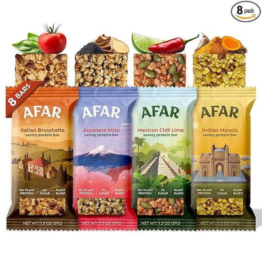 Afar Savory Protein Bars – Low Sugar, High Protein – Healthy Snacks for Adults – Meal Replacement Bar – Rice Crispy Texture – Vegan, Gluten Free (8 Bars, Variety Pack)