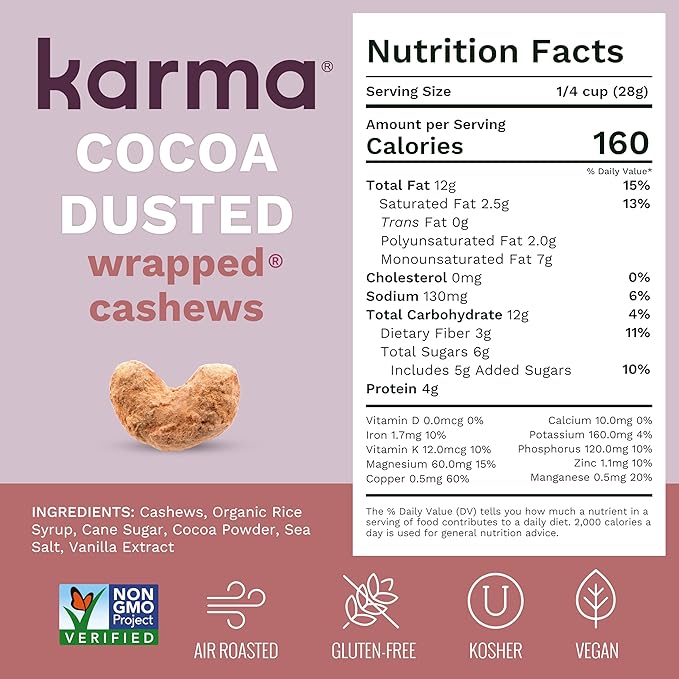 Cocoa Dusted Wrapped Whole Cashews by Karma Nuts, Lightly Sweetened, Air Roasted with Natural Skins, 2X more Fiber, Peanut-Free Facility, Kosher, Everyday Nut Snack, 7oz Resealable Bag - 6 pack