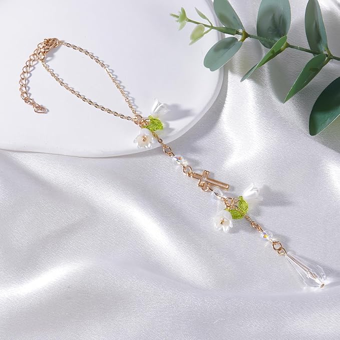 Cross Crystal Car Rearview Mirror Charm - Lily of The Valley Flower Beaded Pendant, Elegant Hanging Cars Interior Decor Ornament & Accessories, for Women Mom
