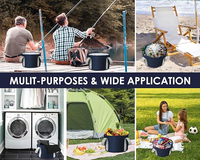 Foot Soaking Tub Collapsible Bucket with Handle 4.7 Gallon/18 L Portable Wash Bag for Fishing, Traveling, and Camping - Navy Blue