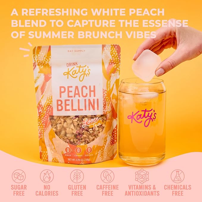 Katy’s Peach Bellini Loose Leaf Tea | Fruity & Refreshing Light White Herbal Tea | Apple, Peach & Mango | Caffeine-Free Tea | 30+ Cups | Hot or Iced | Premium Quality, Woman-Owned | 2.75oz Pouch