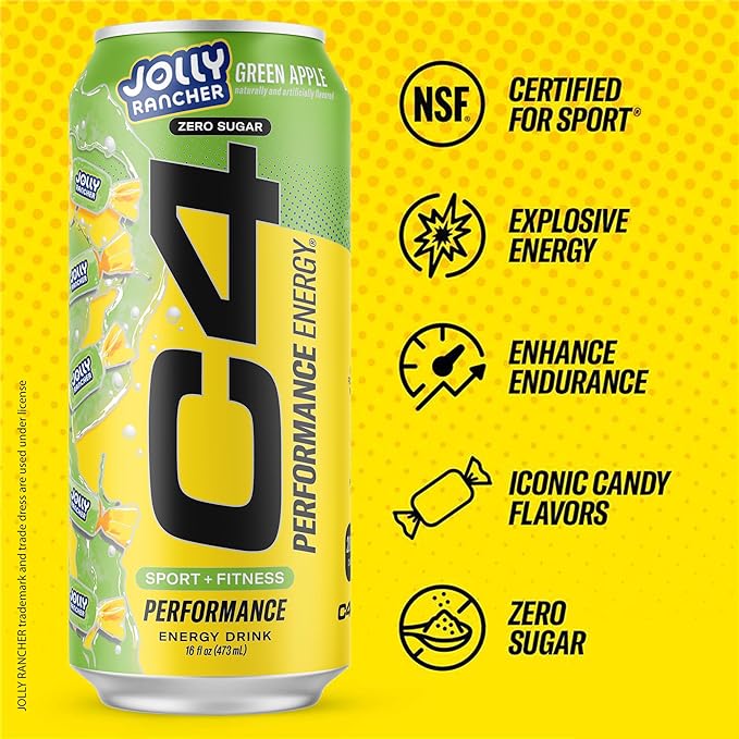 Cellucor C4 Performance Energy Drink | JOLLY RANCHER Green Apple | Zero Sugar Carbonated Preworkout Energy | 200mg Caffeine with Beta Alanine | 16 Fl Oz (24 Pack)