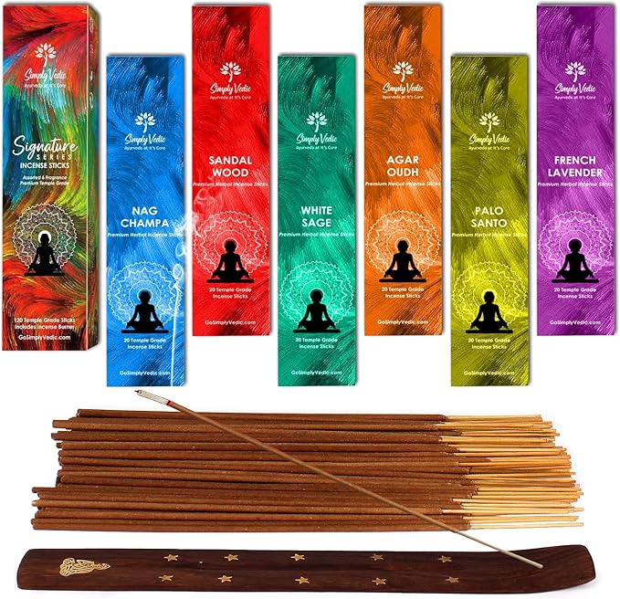 Simply Vedic Signature Incense Sticks Gift Set | 120 Natural Hand-Rolled Non-Toxic Agarbatti with Holder | Sandalwood, Nag Champa, Oudh, Palo Santo, Lavender, Sag | Aromatherapy Meditation Pooja Home