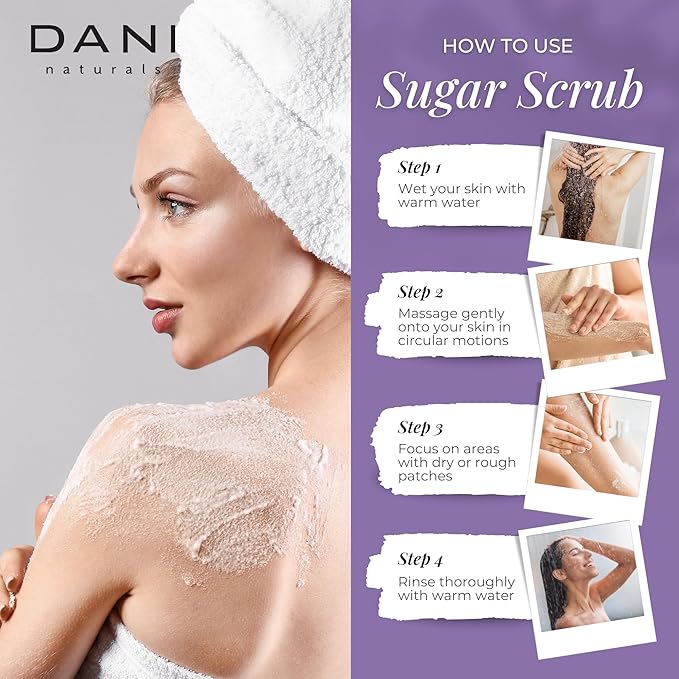 DANI Naturals Sugar Scrub - Exfoliating Lemongrass Lavender with organic cane sugar and shea butter gently exfoliates and hydrates, leaving skin smooth and refreshed. 14 oz