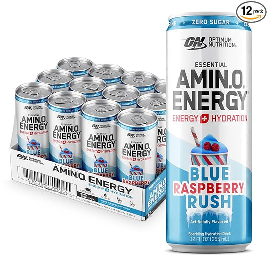 Optimum Nutrition Amino Energy Sparkling Hydration Drink, Electrolytes, Caffeine, Amino Acids, BCAAs, Sugar Free, NEW Blue Raspberry Rush, 12 Fl Oz, 12 Pack (Packaging May Vary)
