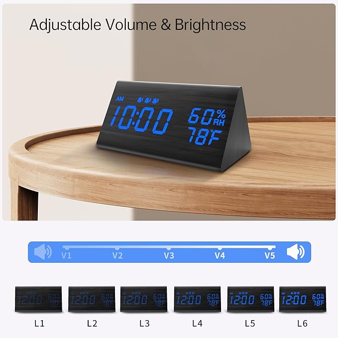 Digital Alarm Clock, with Wooden Electronic LED Time Display, 3 Alarm Settings, Humidity & Temperature Detect, Wood Made Electric Clocks for Bedroom, Bedside (Black - Blue Led)