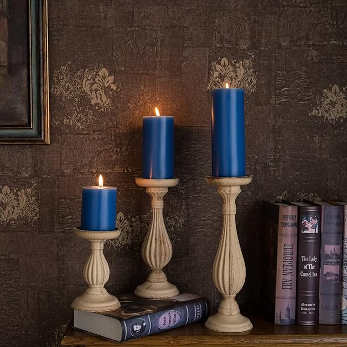 MOZEAL 3" x 4" Hand-Poured Unscented Candle,Dripless Pillar Candle Set of 3,Long Clean Burning,Approx 72 Hours Burn Time,Rustic Country Style,Wedding,Dinner,Christmas and Home Decor,Blue