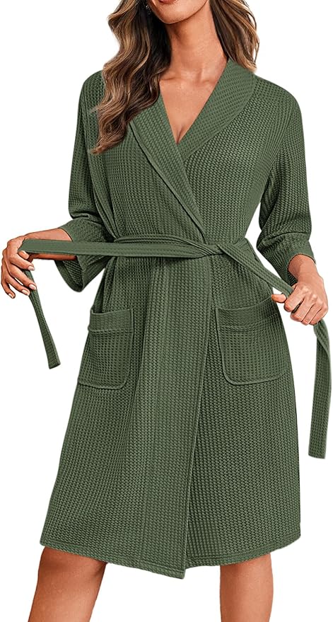 Ekouaer Robes for Women Waffle Knit Bathrobe Lightweight Kimono Robe Knee Length Loungewear with Pockets