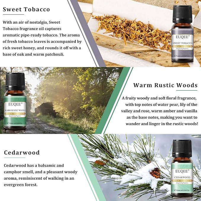 EUQEE Fragrance Oils Gift Set Premium Woody Scented Oil - Forest Pine, Warm Rustic Woods, Bamboo & Teak, Cedarwood, Leather, Sweet Tobacc(Honeyed Haze), for Diffuser, Soap Making, Candle - 6x10ml