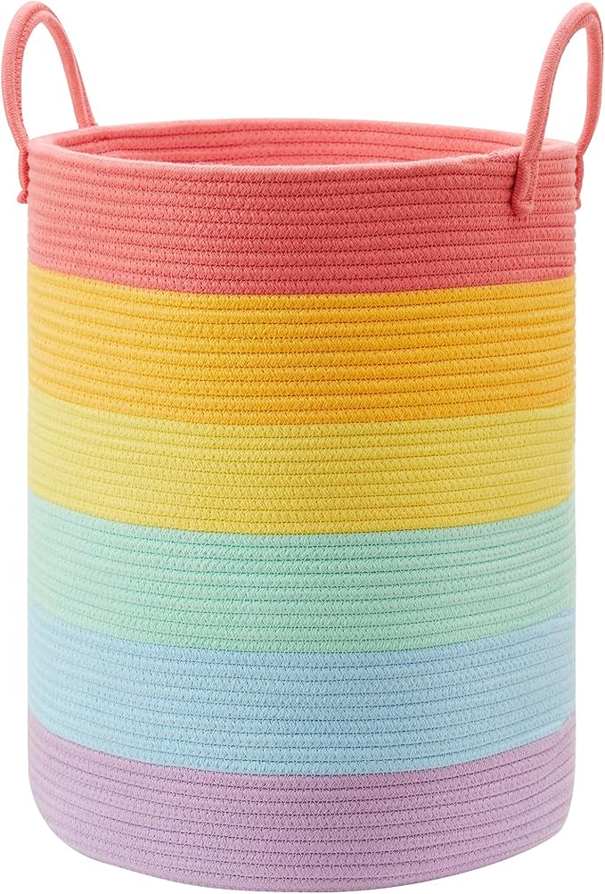 20 Inches Rainbow Baby Girls Kids Hamper Laundry Basket for Nursery Toddler Clothes Blanket Toy Storage Woven Rope Unicorn Hamper in Playroom Bedroom Large