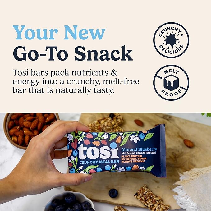Tosi Almond Blueberry Protein Bars, Plant Based with Nuts, Gluten-Free Crunchy Snacks, Vegan, Organic, Flax & Chia Seeds, Soy-Free,Omega 3s, 12G Protein, 2.4 oz, 12-Pack