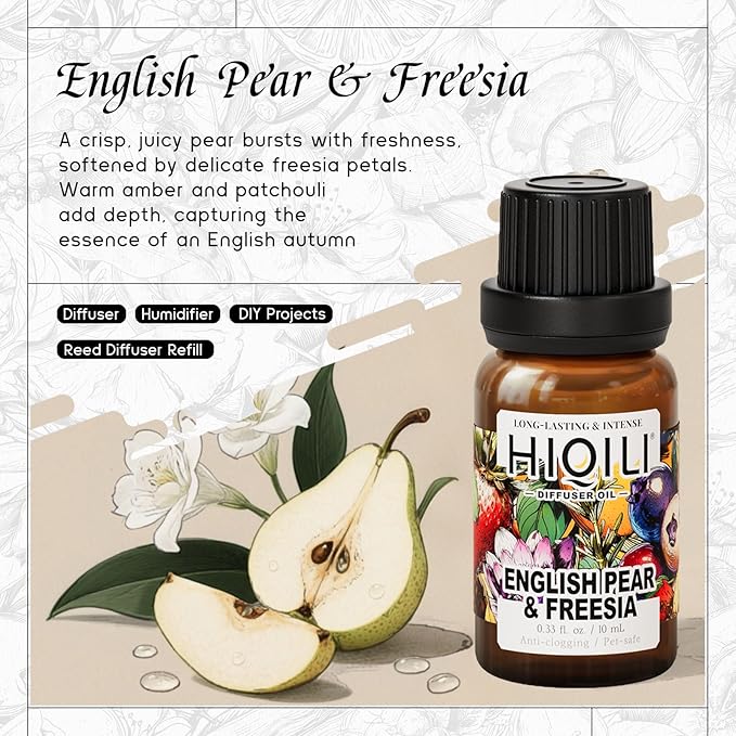 HIQILI English Pear &Freesia Diffuser Oil, Long-Lasting Refill for Humidifiers & Reed Diffusers, Hotel-Grade Scent, Suitable for Home Use - 0.34 Fl Oz