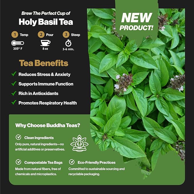 Buddha Teas - Organic Holy Basil Tea Bags - For Health & Wellbeing - Ayurvedic Tulsi - With Antioxidants - Clean Ingredients - Caffeine Free - OU Kosher & Non-GMO - 100 Non-String Tea Bags (Pack of 1)