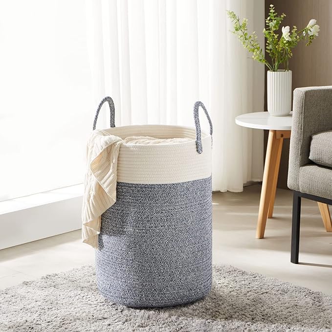 Cotton Rope Laundry Hamper by YOUDENOVA, 58L - Woven Collapsible Laundry Basket - Clothes Storage Basket for Blankets, Laundry Room Organizing, Bedroom Storage, Clothes Hamper – Blue