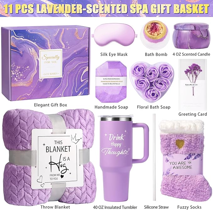 Birthday Gifts for Women Self Care Gifts Get Well Soon Gifts, Happy Birthday Spa Gift Baskets w/Flannel Blanket 40 OZ Tumbler Care Package for Mom Wife Sister Best Friend Her Daughter