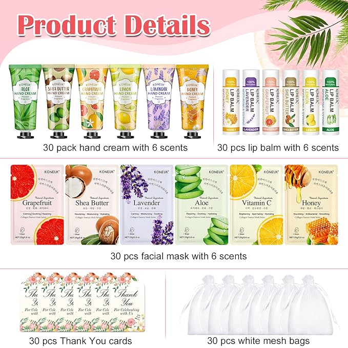 30 Pack Bulk Facial Mask, Bulk Hand Cream and Bulk Lip Balm Sets, Stocking Stuffers for Women, Thank You Gifts, Bridal Shower Favors and Christmas Gifts for Guests, Birthday Gifts, Small Gifts for Her