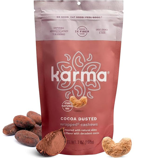 Cocoa Dusted Wrapped Whole Cashews by Karma Nuts, Lightly Sweetened, Air Roasted with Natural Skins, 2X more Fiber, Peanut-Free Facility, Kosher, Everyday Nut Snack, 7oz Resealable Bag