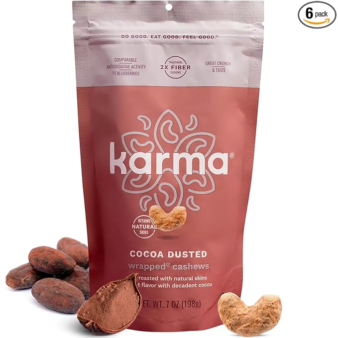 Cocoa Dusted Wrapped Whole Cashews by Karma Nuts, Lightly Sweetened, Air Roasted with Natural Skins, 2X more Fiber, Peanut-Free Facility, Kosher, Everyday Nut Snack, 7oz Resealable Bag - 6 pack