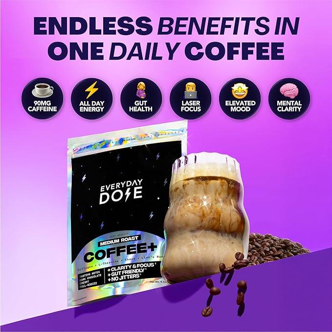 Everyday Dose Bold Medium Roast Mushroom Coffee 90mg Caffeine per serving with Grass-Fed Collagen, Chaga, Lions Mane & L-Theanine for Better Focus, Energy, Digestion, Skin, and Immunity 30 Servings